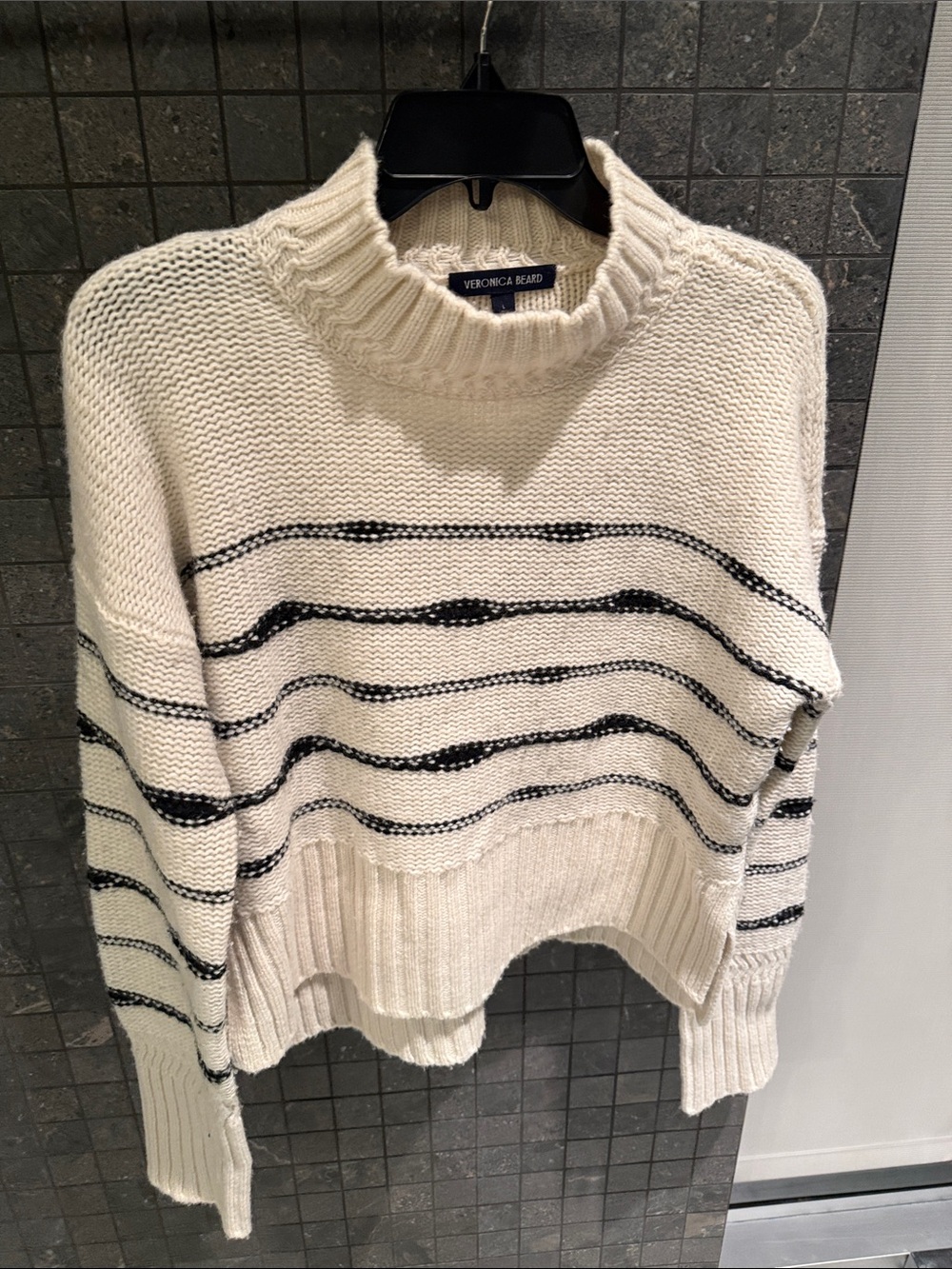 Veronica Beard Cream and Black Striped Turtleneck Sweater